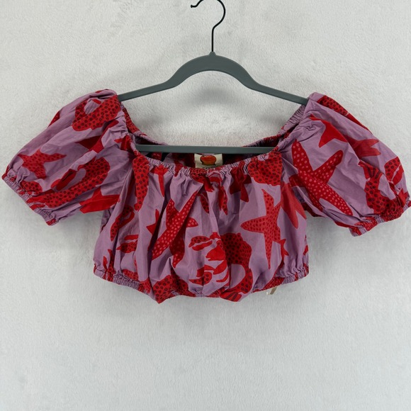 FARM Rio Womens Crop Top Red Starfish Lobster Print Short Puff Sleeve Sz S - Picture 1 of 10